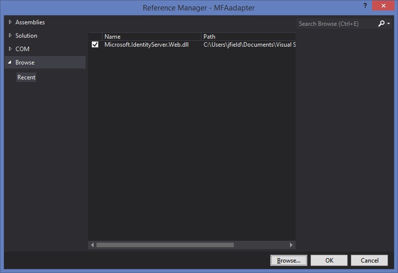 Captura de pantalla del cuadro de diálogo Administrador de referencias que muestra la Microsoft.IdentityServer.Web.dll seleccionada.