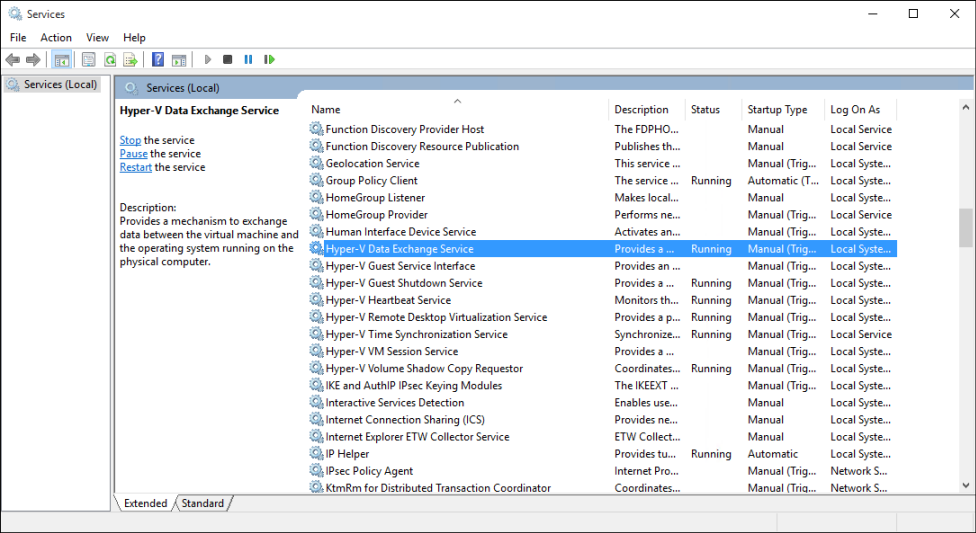 Screen shot that shows the Windows Services pane