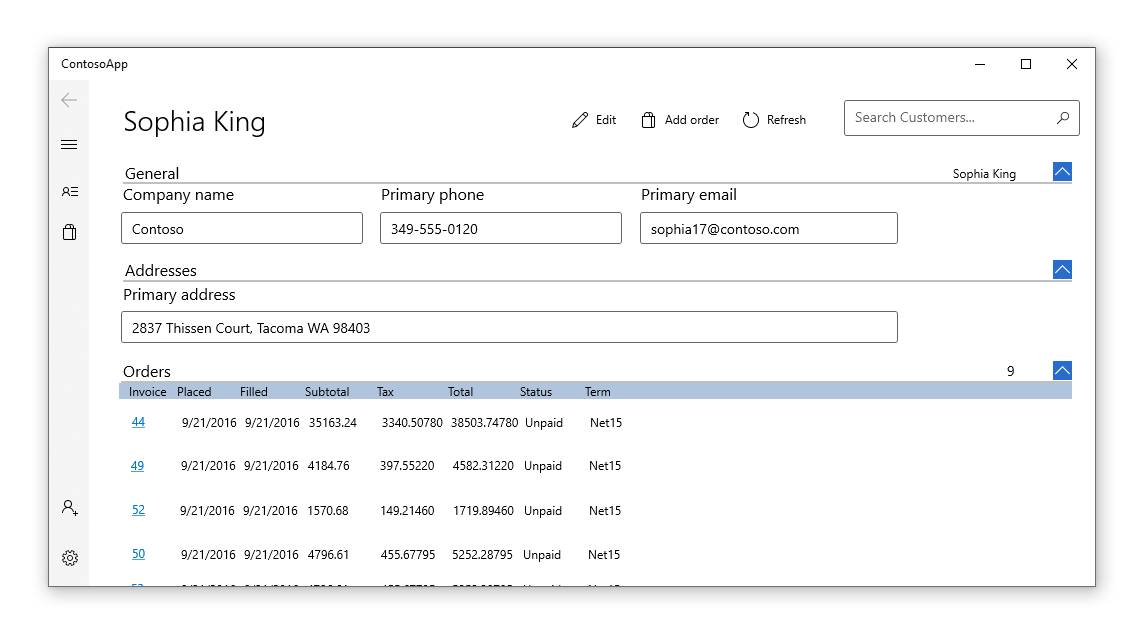 Captura de pantalla de la base de datos de pedidos de clientes
