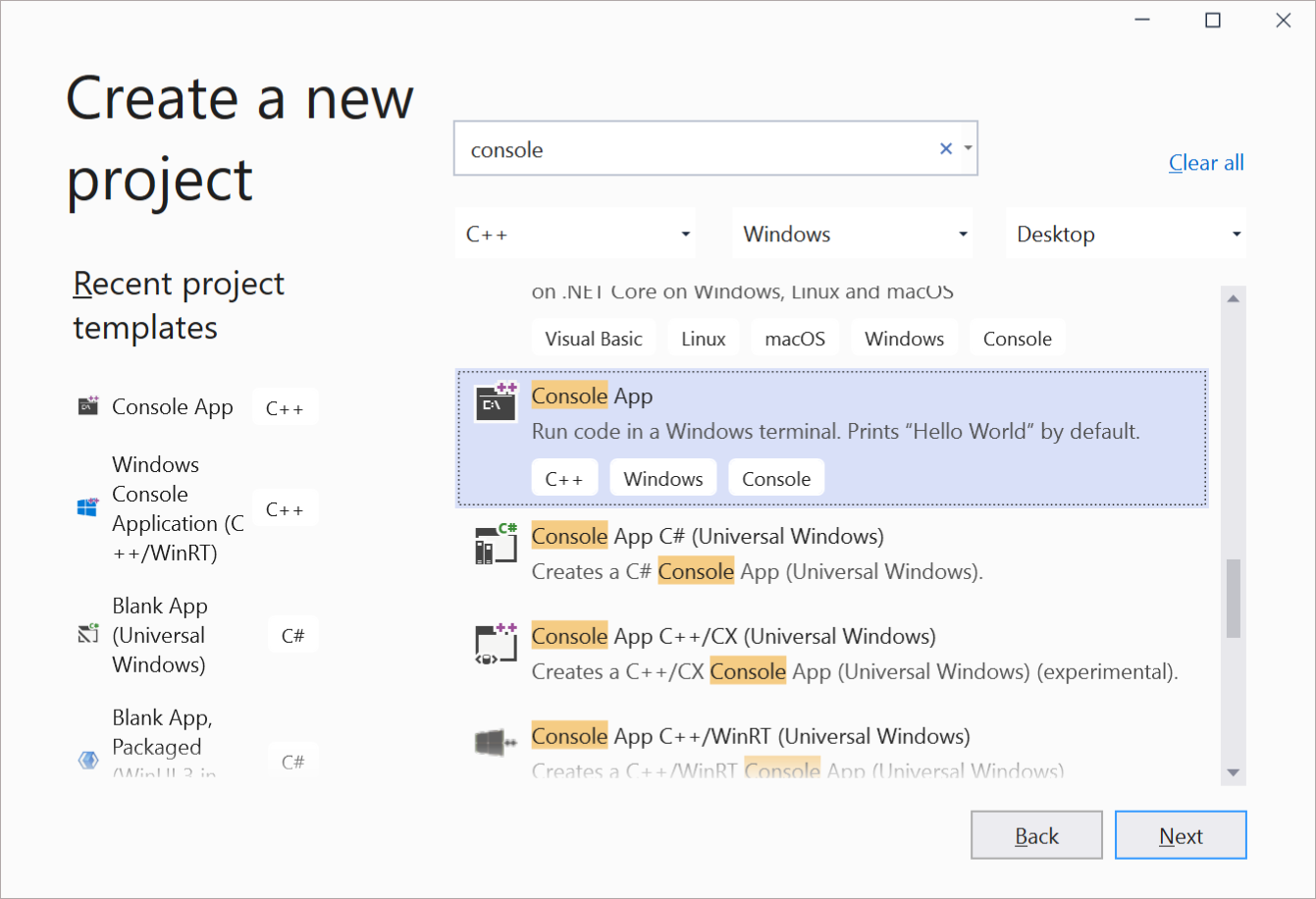 Captura de pantalla de la creación de una nueva aplicación de C++ en Visual Studio