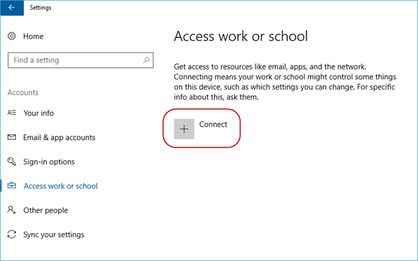 botón connect para acceder a la opción de trabajo o escuela.