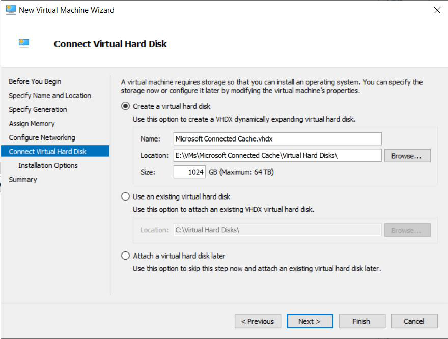 Captura de pantalla de la página Conectar disco duro virtual del Asistente para nueva máquina virtual de Hyper-V.