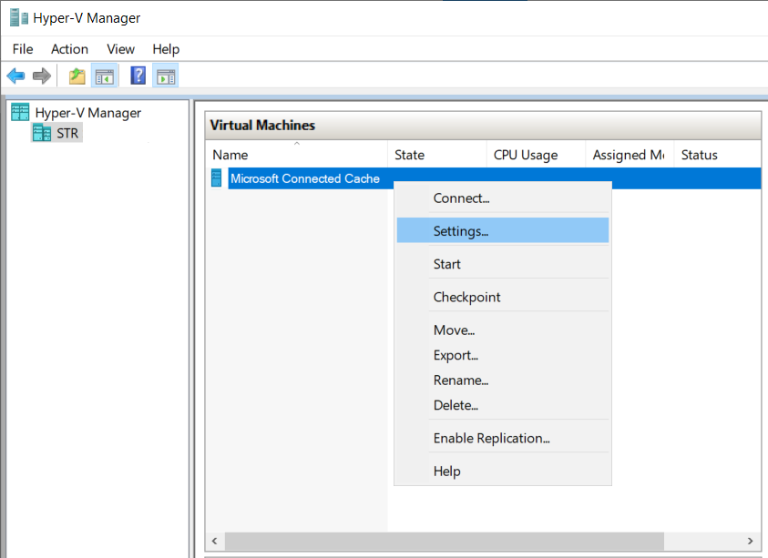 Captura de pantalla de la configuración de una máquina virtual en el Administrador de Hyper-V.