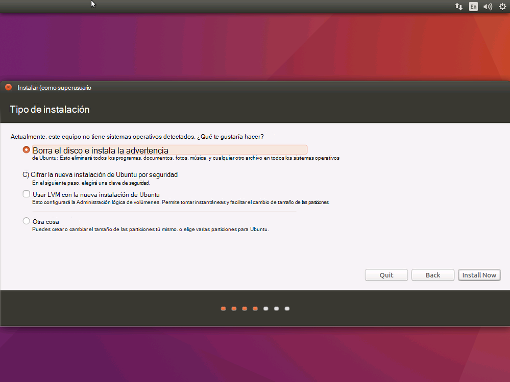 Captura de pantalla de la página Tipo de instalación de instalación de Ubuntu con la opción Borrar disco e instalar Ubuntu seleccionada.