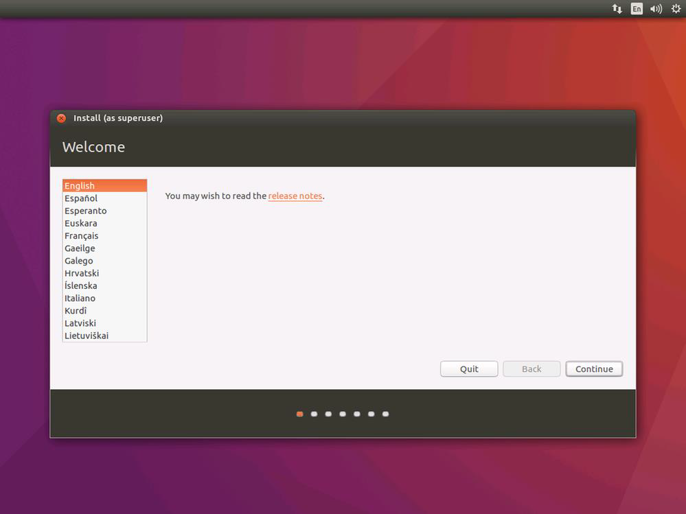 Captura de pantalla de la página de selección de idioma de la instalación de Ubuntu.