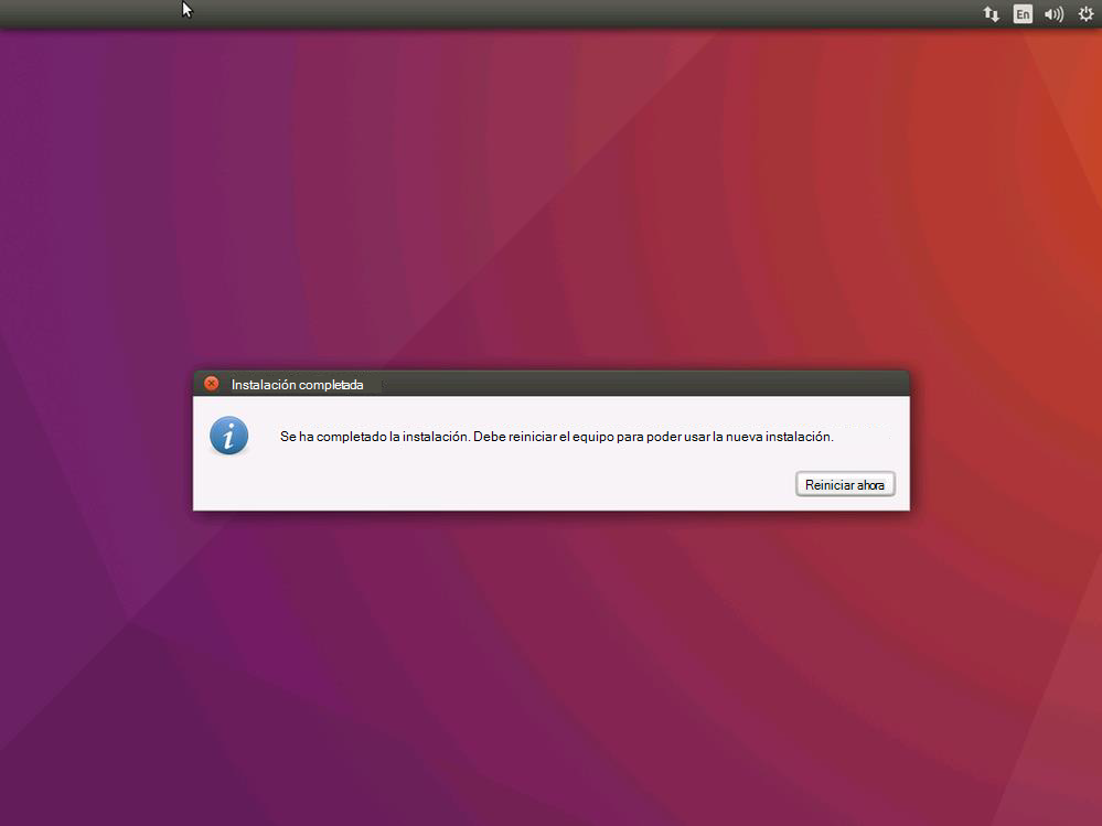 Captura de pantalla de la pantalla de instalación completa de la instalación de Ubuntu, reinicie ahora.