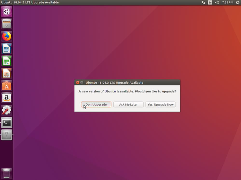 Captura de pantalla del mensaje Actualizar disponible de la instalación de Ubuntu con No actualizar seleccionado.