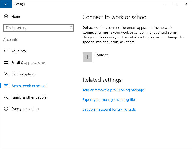 Connect to work or school configuration