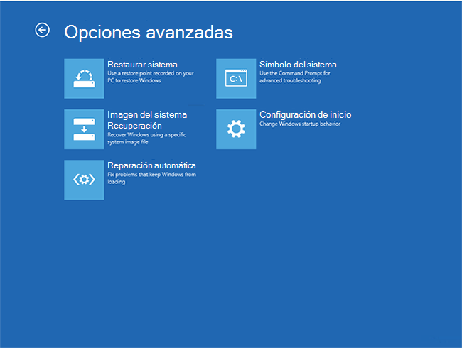 Un cliente de Windows 10 ha arrancado en Windows RE, que muestra opciones avanzadas.