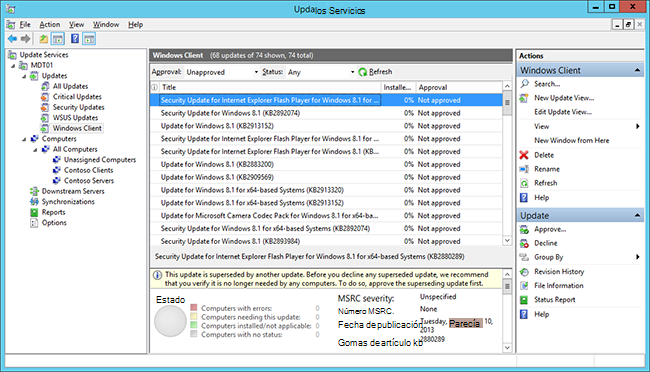 La consola de Windows Server Update Services.