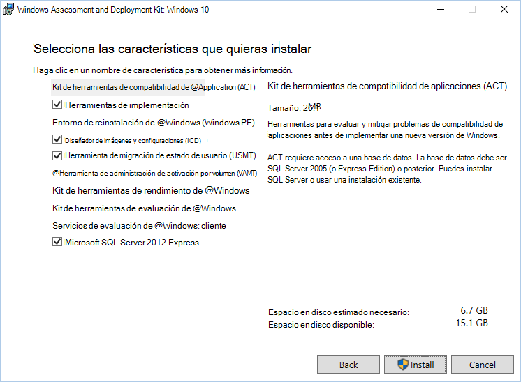 Página de selección de características Windows 10 ADK.