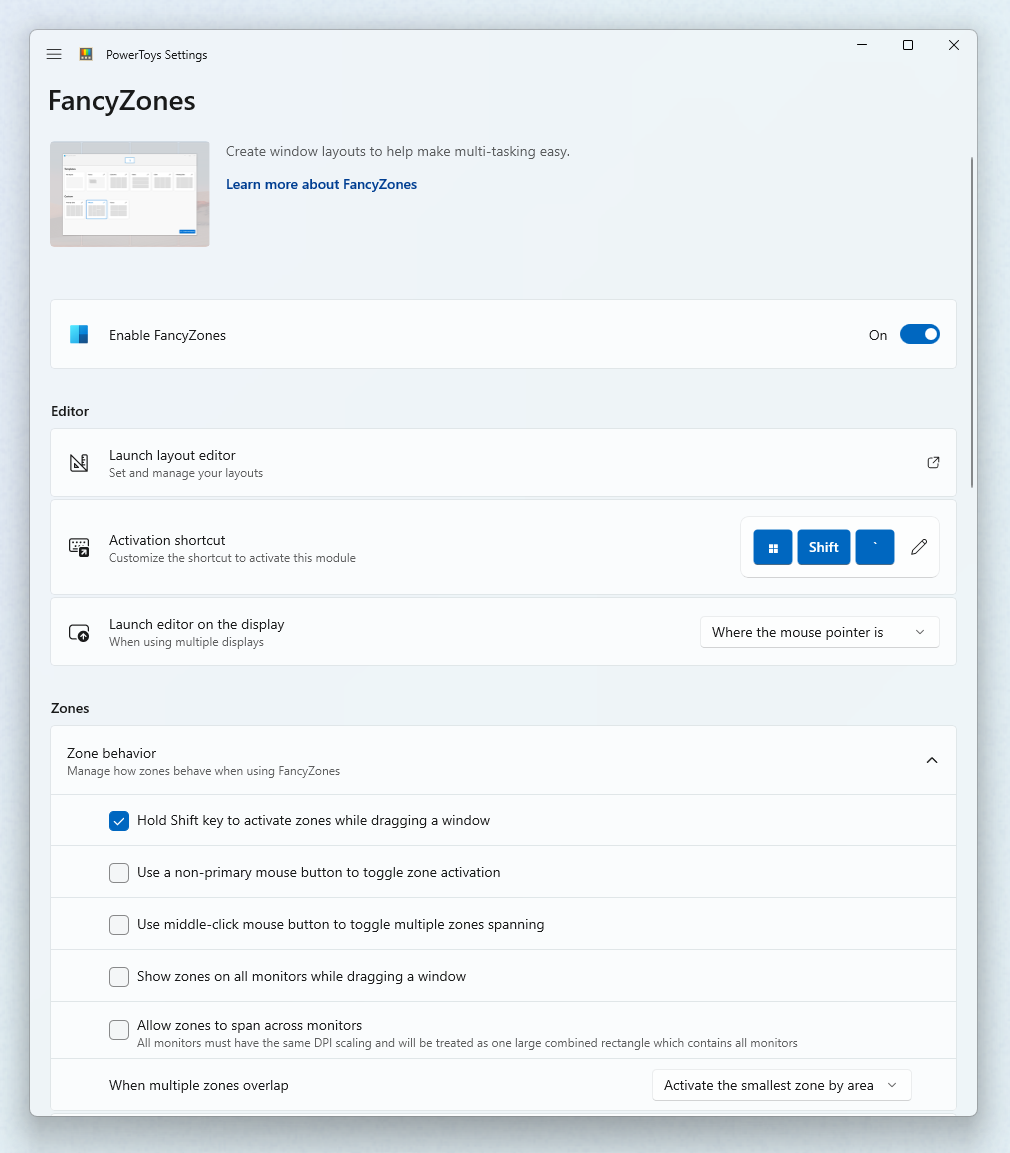 Interfaz de usuario de Configuración de FancyZones