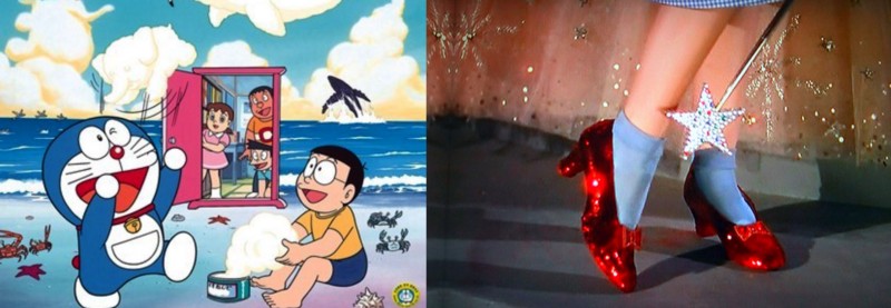 Puerta mágica de Doraemon (izquierda) y zapatillas ruby (derecha)