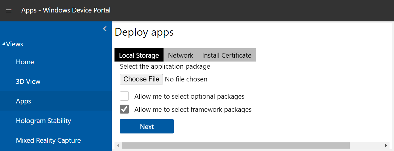 Captura de pantalla de la página del administrador de aplicaciones abierta en el Portal de dispositivos Windows con la pestaña Almacenamiento local resaltada