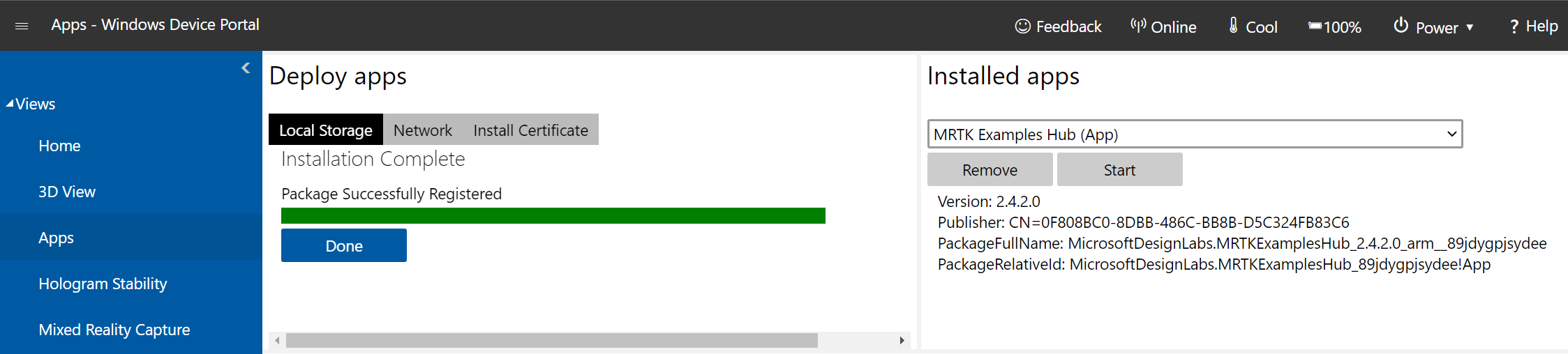Captura de pantalla de la página del administrador de aplicaciones abierta en el Portal de dispositivos Windows con la instalación completada correctamente
