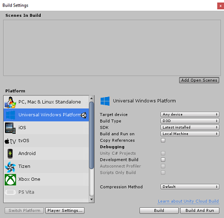 Captura de pantalla de la ventana Configuración de compilación, se selecciona Agregar escenas abiertas.