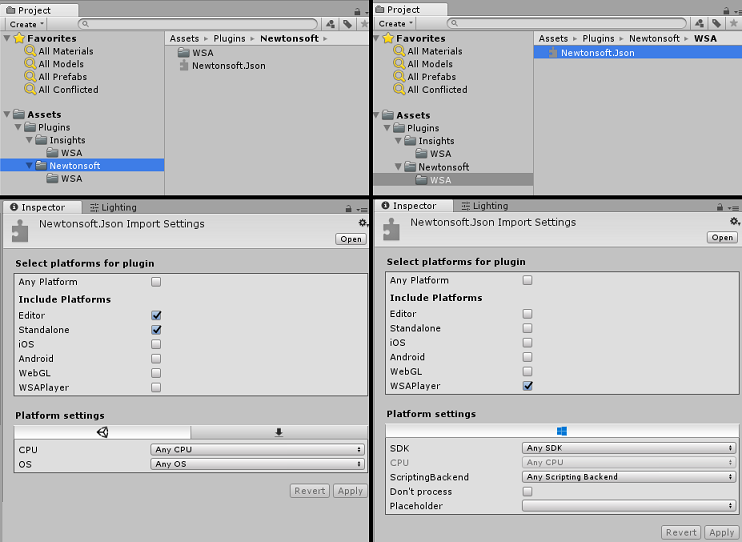 Captura de pantalla de cuatro vistas de los paneles Proyecto e Inspector que muestran los resultados de la configuración de las selecciones de complementos y carpetas newtonsoft.