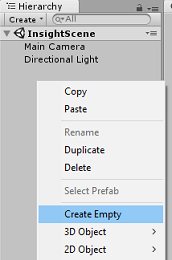 Captura de pantalla del panel Hierarchy (Jerarquía), Create Empty (Crear vacío) está seleccionado.
