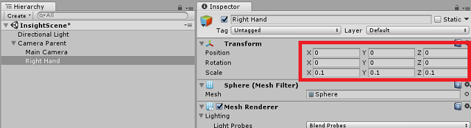 Captura de pantalla del panel Jerarquía con la opción Mano derecha seleccionada, La configuración de transformación se resalta en el panel Inspector.