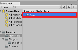 Captura de pantalla del panel Proyecto. El azul está resaltado en el panel Materiales.