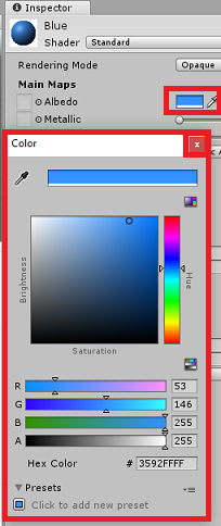 Captura de pantalla del panel Inspector. La sección de color está resaltada.