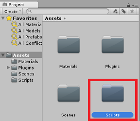 Captura de pantalla del panel Proyectos. El icono de carpeta Scripts está resaltado en el panel Activos.