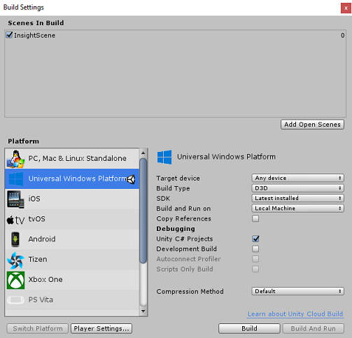 Captura de pantalla de la ventana Configuración de compilación en la que se muestran escenas en compilación. 