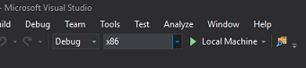 Captura de pantalla de la pantalla Configuración de la solución de Visual Studio que muestra Depurar en la barra de menús.