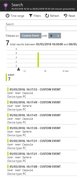 Captura de pantalla del panel Buscar que muestra los resultados de un filtro de eventos personalizado.