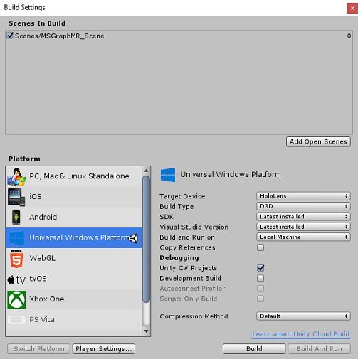 Captura de pantalla que muestra el cuadro de diálogo Configuración de compilación.