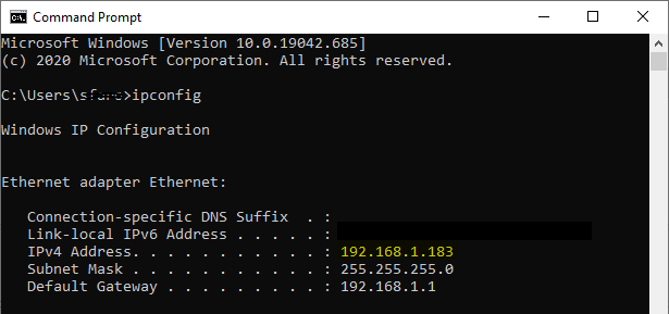 Captura de pantalla de los resultados de la línea de comandos para el comando ipconfig