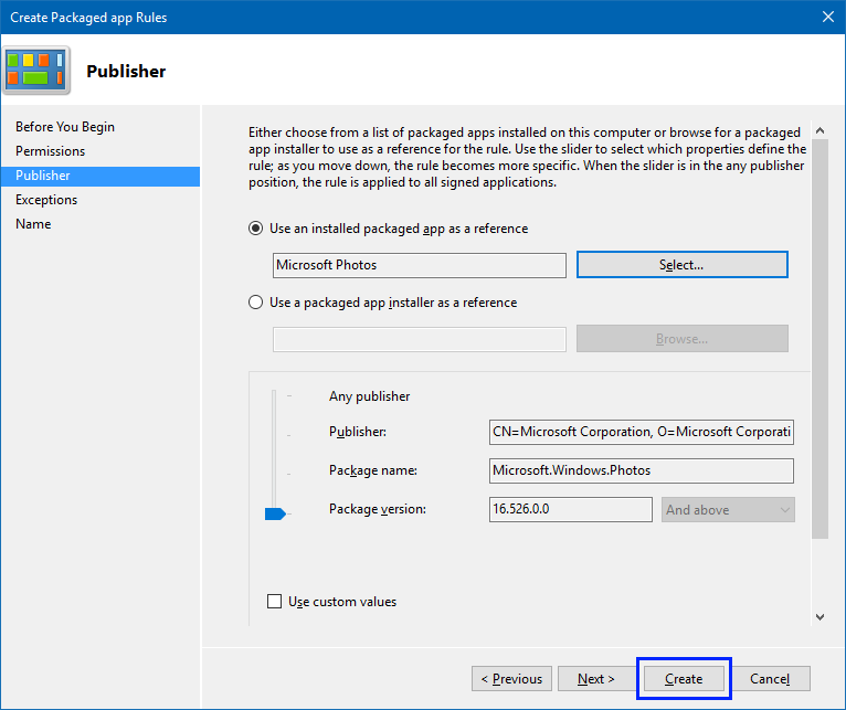 Asistente para crear reglas de aplicaciones empaquetadas, que muestra el Fotos de Microsoft en la página Publicador.