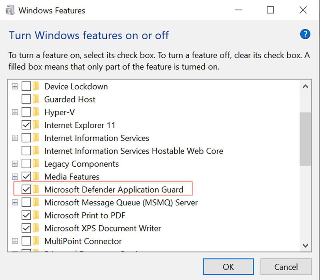Características de Windows, activando Protección de aplicaciones de Microsoft Defender.