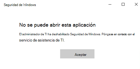Captura de pantalla del Seguridad de Windows con todas las secciones ocultas por directiva de grupo.