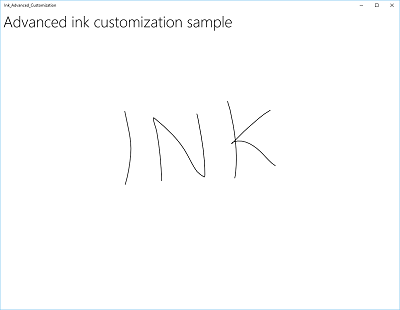 Captura de pantalla de la aplicación de ejemplo de personalización avanzada de lápiz que muestra inkcanvas con trazos de lápiz negro predeterminados.