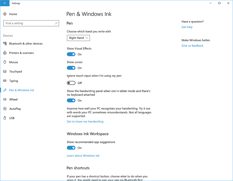 Screenshot of the Pen & Windows Ink settings page.