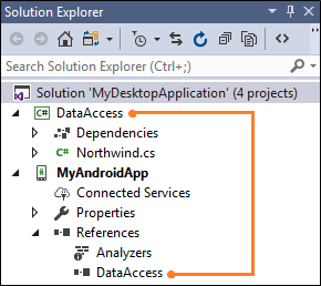 Captura de pantalla del panel de Explorador de soluciones que llama a la referencia a la referencia de la biblioteca de clases para el proyecto Android, i O S o multiplataforma.