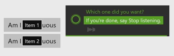 Captura de pantalla del modo de escucha activo con la opción ¿Cuál quería? mostrada y las etiquetas Elemento 1 y Elemento 2 en los botones.