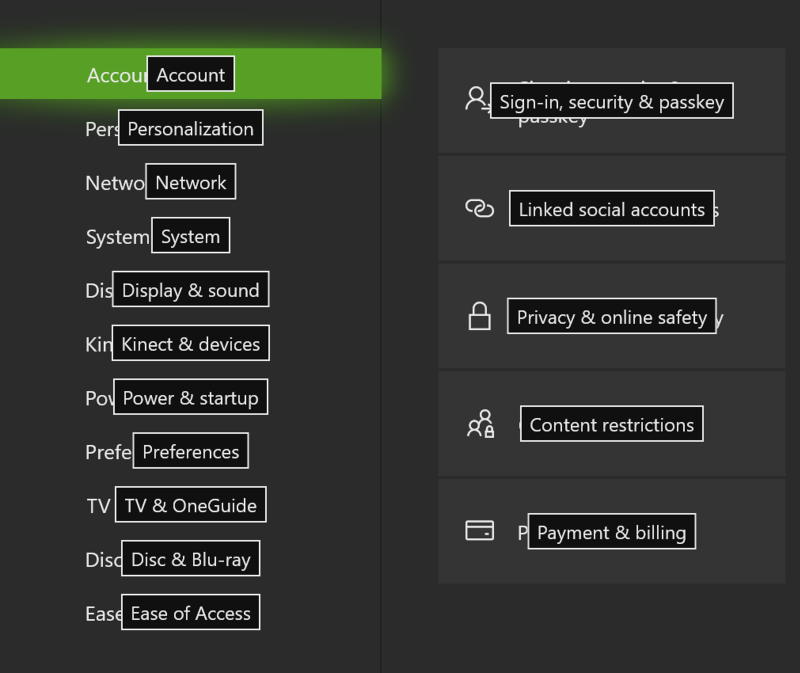Captura de pantalla de las etiquetas de sugerencias de voz horizontal y verticalmente centradas dentro del rectángulo delimitador del control.