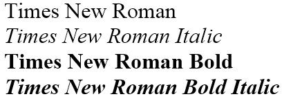 Ilustración de texto cursiva, negrita y cursiva de la familia de fuentes Times New Roman