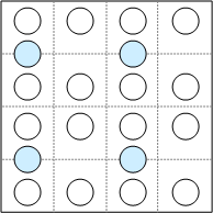 Diagrama similar al original, pero los círculos cromáticos solo aparecen en límites de fila numerados impares en columnas con números impares
