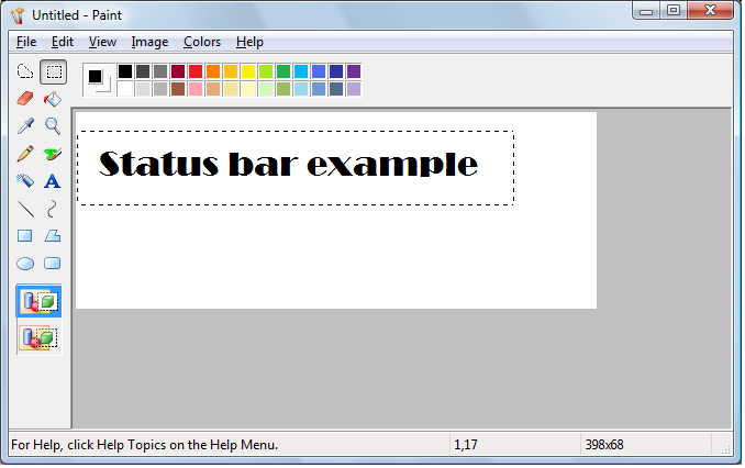 captura de pantalla de la aplicación de pintura, con una barra de estado que contiene sugerencias sobre la ayuda en línea