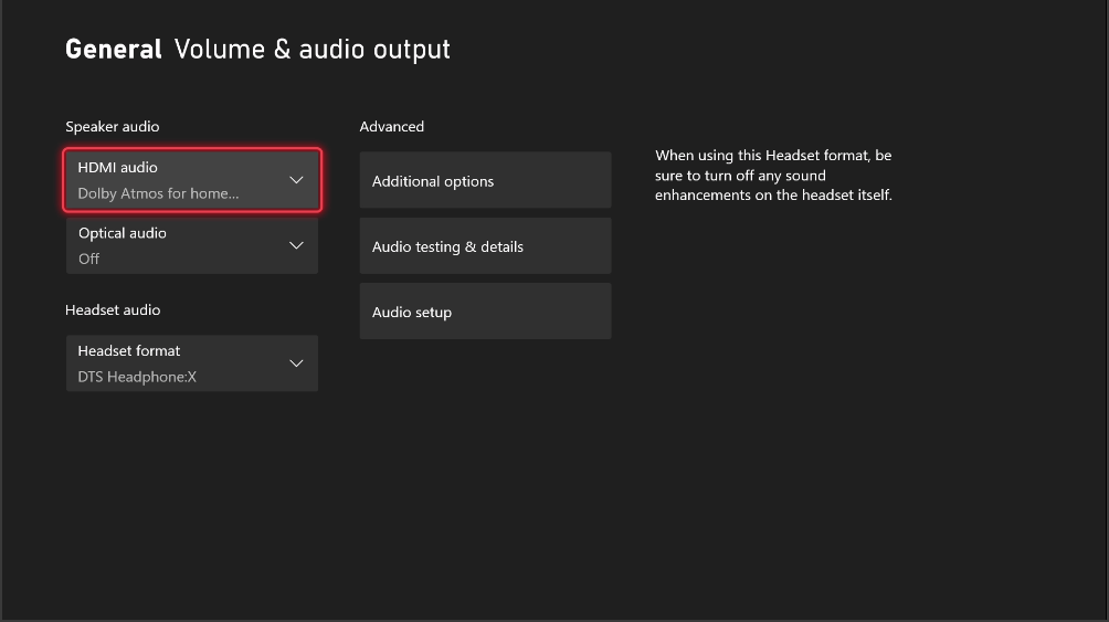 Captura de pantalla de la página de configuración de salida del volumen & general en la que se muestra la lista desplegable de audio HDMI.