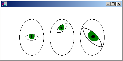 captura de pantalla de una ventana con tres puntos suspensivos, cada uno de los cuales contiene un ojo con un tamaño y rotación diferentes