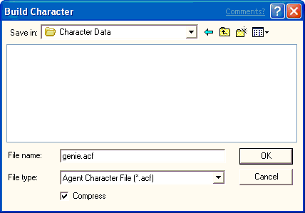 Screenshot that shows the 'Build Character' window with a file selected.
