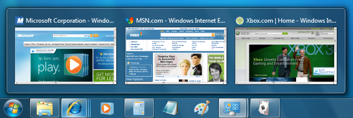 tres miniaturas de la barra de tareas que representan pestañas individuales en Windows Internet Explorer