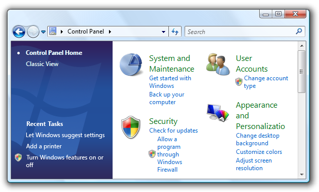 captura de pantalla del panel de control con el logotipo de Windows 