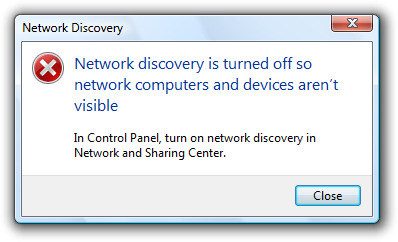 Screen shot of message Network discovery off 