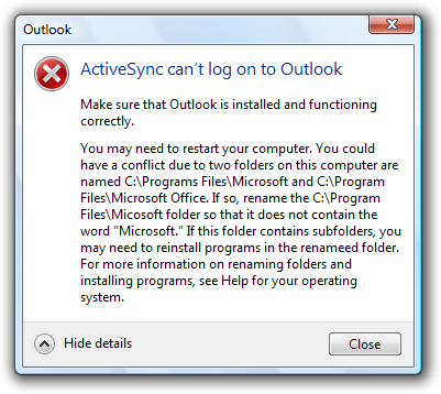 screen shot of message: activesync can't log on 
