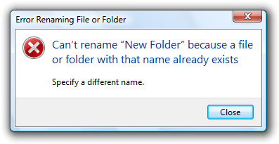 Screenshot that shows a 'Can't rename new folder' message. 
